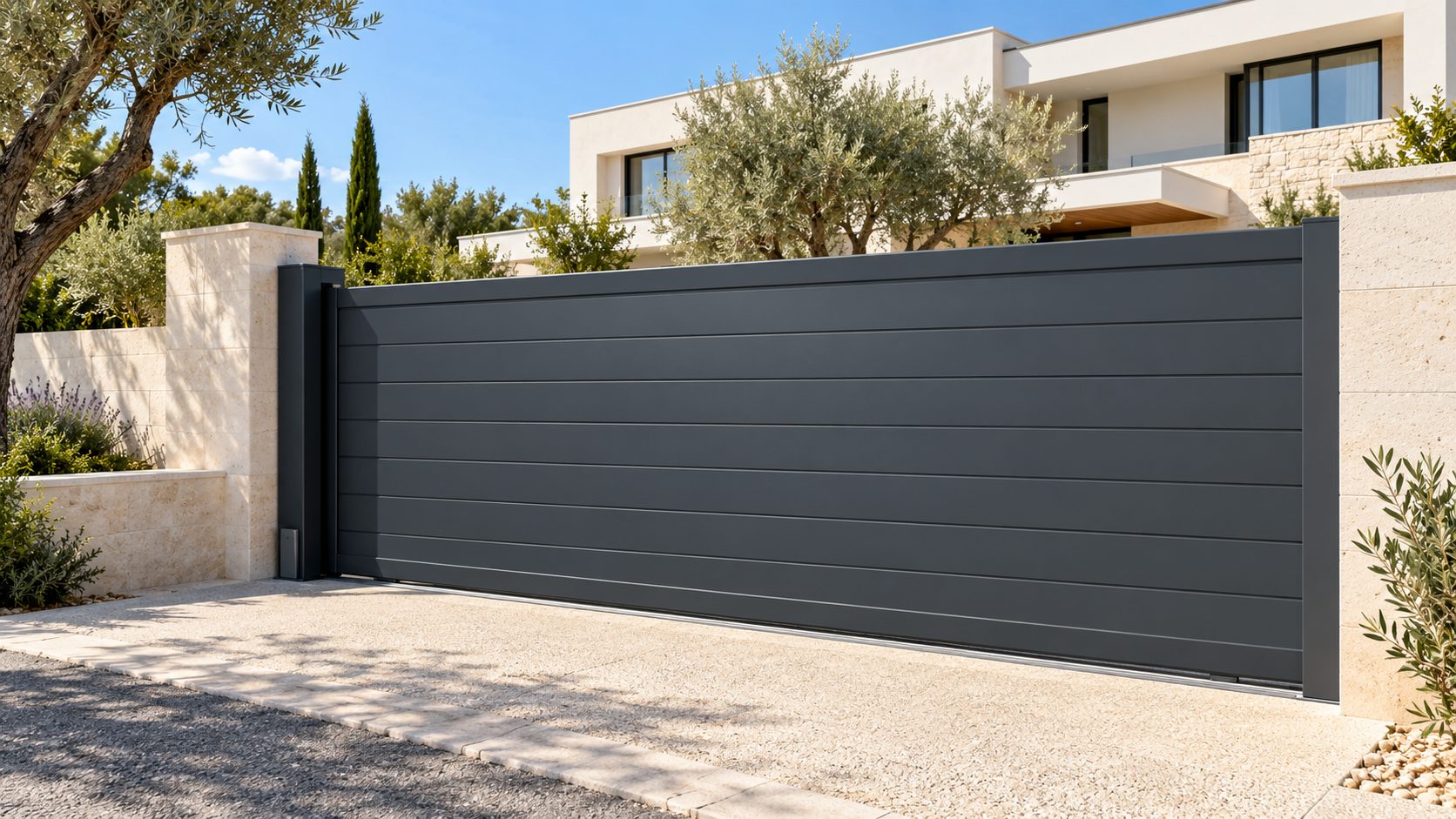 Portail coulissant en aluminium anthracite entre deux piliers en pierre